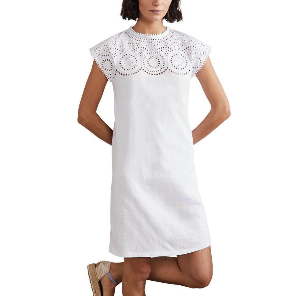 Boden White Jersey Cutwork Embroidered Neckline Cap Sleeve T-Shirt Mini Dress 4R